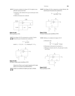 Problemas 455
10.93 En la figura 10.135 se presenta un oscilador Colpitts.
Demuestre que la frecuencia de oscilación es
donde Suponga Ri W XC2
.CT ϭ C1C2͞(C1 ϩ C2).
fo ϭ
1
2p1LCT
10.96 Refiérase al oscilador de la figura 10.137.
a) Demuestre que
b) Determine la frecuencia de oscilación
c) Obtenga la relación entre y para que la oscila-
ción ocurra.
R2R1
fo.
V2
Vo
ϭ
1
3 ϩ j(␻L͞R Ϫ R͞␻L)
10.92 El circuito oscilador de la figura 10.134 emplea un am-
plificador operacional ideal.
a) Calcule el valor mínimo de que causará que ocurra
oscilación.
b) Halle la frecuencia de oscilación.
Ro
+
−
10 kΩ
100 kΩ
1 MΩ
10 ␮H 2 nF
Ro
Figura 10.134
Para el problema 10.92.
+
−
Rf
Ri
C2 C1
L
Vo
Figura 10.135
Oscilador Colpitts; para el problema 10.93.
(Sugerencia: Fije en cero la parte imaginaria de la impe-
dancia en el circuito de retroalimentación.)
10.94 Diseñe un oscilador de Colpitts que opere a 50 kHz.
+
−
Rf
Ri
L2 L1
C
Vo
Figura 10.136
Oscilador Hartley; para el problema 10.95.
+
−
R L
RL
R1
R2
Vo
V2
Figura 10.137
Para el problema 10.96.
10.95 En la figura 10.136 se muestra un oscilador Hartley. De-
muestre que la frecuencia de oscilación es
fo ϭ
1
2p1C(L1 ϩ L2)
 