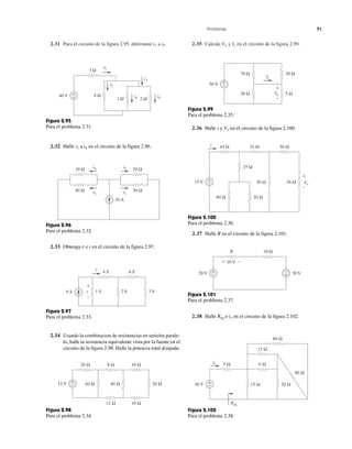 Problemas 71
2.31 Para el circuito de la figura 2.95, determine i1 a i5. 2.35 Calcule Vo y Io en el circuito de la figura 2.99.
40 V
1 Ω 2 Ω
4 Ω+
−
3 Ω
i2
i1
i4 i5
i3
Figura 2.95
Para el problema 2.31.
20 A
10 Ω
40 Ω
i4
i3
20 Ω
30 Ω
i2
i1
Figura 2.96
Para el problema 2.32.
9 A 2 S1 S
4 S 6 S
3 S
+
−
v
i
Figura 2.97
Para el problema 2.33.
40 Ω
20 Ω 8 Ω
12 Ω
10 Ω
10 Ω
40 Ω 20 Ω12 V +
−
Figura 2.98
Para el problema 2.34.
50 V
30 Ω70 Ω
+
−
5 Ω20 Ω
+
−
Vo
Io
Figura 2.99
Para el problema 2.35.
25 Ω
10 Ω 24 Ω 50 Ω
20 Ω
60 Ω 20 Ω
30 Ω15 V +
−
i
−
+
Vo
Figura 2.100
Para el problema 2.36.
20 V 30 V+
− +
−
R 10 Ω
+ −10 V
Figura 2.101
Para el problema 2.37.
6 Ω
60 Ω
15 Ω 20 Ω
80 Ω
io 5 Ω
40 V +
−
Req
12 Ω
Figura 2.102
Para el problema 2.38.
2.32 Halle i1 a i4 en el circuito de la figura 2.96.
2.33 Obtenga v e i en el circuito de la figura 2.97.
2.34 Usando la combinacion de resistencias en serie/en parale-
lo, halle la resistencia equivalente vista por la fuente en el
circuito de la figura 2.98. Halle la potencia total disipada.
2.36 Halle i y Vo en el circuito de la figura 2.100.
2.37 Halle R en el circuito de la figura 2.101.
2.38 Halle Req e io en el circuito de la figura 2.102.
 