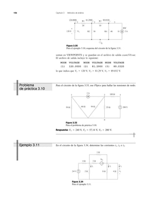 106 Capítulo 3 Métodos de análisis
sentan en VIEWPOINTS y se guardan en el archivo de salida exam310.out.
El archivo de salida incluye lo siguiente:
NODE VOLTAGE NODE VOLTAGE NODE VOLTAGE
(1) 120.0000 (2) 81.2900 (3) 89.0320
lo que indica que V1 ϭ 120 V, V2 ϭ 81.29 V, V3 ϭ 89.032 V.
Ejemplo 3.11 En el circuito de la figura 3.34, determine las corrientes i1, i2 e i3.
Problema
de práctica 3.10
Para el circuito de la figura 3.33, use PSpice para hallar las tensiones de nodo.
Respuesta: V1 ϭ 240 V, V2 ϭ 57.14 V, V3 ϭ 200 V.
+
−
R1 R3
20 10
120 V V1 R2 R430 40 I1 3 A
IDC
0
1 2 3
120.0000 81.2900 89.0320
Figura 3.32
Para el ejemplo 3.10; esquema del circuito de la figura 3.31.
+
−
2 A
200 V30 Ω 60 Ω 50 Ω
100 Ω
25 Ω
1 2 3
0
Figura 3.33
Para el problema de práctica 3.10.
+
−
+−
24 V
1 Ω
i1 i2 i3
+
−
4 Ω 2 Ω
2 Ω 8 Ω 4 Ω
3vo
vo
Figura 3.34
Para el ejemplo 3.11.
 