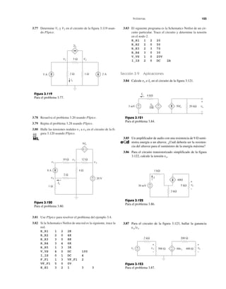 Problemas 125
3.77 Determine V1 y V2 en el circuito de la figura 3.119 usan-
do PSpice.
3.78 Resuelva el problema 3.20 usando PSpice.
3.79 Repita el problema 3.28 usando PSpice.
3.80 Halle las tensiones nodales v1 a v4 en el circuito de la fi-
gura 3.120 usando PSpice.
3.81 Use PSpice para resolver el problema del ejemplo 3.4.
3.82 Si la Schematics Netlist de una red es la siguiente, trace la
red.
R_R1 1 2 2K
R_R2 2 0 4K
R_R3 3 0 8K
R_R4 3 4 6K
R_R5 1 3 3K
V_VS 4 0 DC 100
I_IS 0 1 DC 4
F_F1 1 3 VF_F1 2
VF_F1 5 0 0V
E_E1 3 2 1 3 3
3.83 El siguiente programa es la Schematics Netlist de un cir-
cuito particular. Trace el circuito y determine la tensión
en el nodo 2.
R_R1 1 2 20
R_R2 2 0 50
R_R3 2 3 70
R_R4 3 0 30
V_VS 1 0 20V
I_IS 2 0 DC 2A
Sección 3.9 Aplicaciones
3.84 Calcule vo e Io en el circuito de la figura 3.121.
3.85 Un amplificador de audio con una resistencia de 9 ⍀ sumi-
nistra energía a un altavoz. ¿Cuál debería ser la resisten-
cia del altavoz para el suministro de la energía máxima?
3.86 Para el circuito transistorizado simplificado de la figura
3.122, calcule la tensión vo.
3.87 Para el circuito de la figura 3.123, hallar la ganancia
vo͞vs.
Figura 3.120
Para el problema 3.80.
+
−
+ −
8 A
20 V
1 Ω
v1
2 Ω
4 Ω
10 Ω 12 Ωv2
v3
Io
6Io
v4
Figura 3.119
Para el problema 3.77.
2 Ω
2ix
5 Ω
1 Ω5 A 2 A
V2
ix
V1
Figura 3.121
Para el problema 3.84.
+
−
+
−3 mV vo
+
−
4 kΩ
50Io
Io
vo
100
20 kΩ
+
−
+
−
I
2 kΩ
5 kΩ
1 kΩ
30 mV vo
400I
Figura 3.122
Para el problema 3.86.
+
−
−
+
+
−
+
−
500 Ω 400 Ω
2 kΩ 200 Ω
vs vov1 60v1
Figura 3.123
Para el problema 3.87.
 
