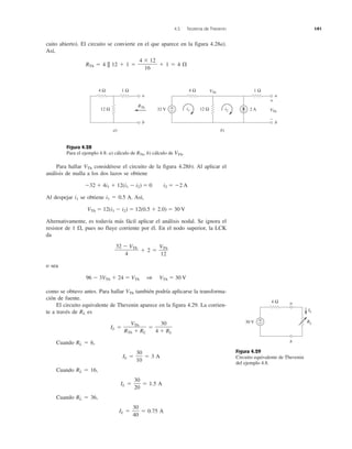 4.5 Teorema de Thevenin 141
cuito abierto). El circuito se convierte en el que aparece en la figura 4.28a).
Así,
RTh ϭ 4 || 12 ϩ 1 ϭ ϩ 1 ϭ 4 ⍀
Figura 4.28
Para el ejemplo 4.8: a) cálculo de RTh, b) cálculo de VTh.
Para hallar VTh considérese el circuito de la figura 4.28b). Al aplicar el
análisis de malla a los dos lazos se obtiene
Ϫ32 ϩ 4i1 ϩ 12(i1 Ϫ i2) ϭ 0 i2 ϭ Ϫ2 A
Al despejar i1 se obtiene i1 ϭ 0.5 A. Así,
VTh ϭ 12(i1 Ϫ i2) ϭ 12(0.5 ϩ 2.0) ϭ 30 V
Alternativamente, es todavía más fácil aplicar el análisis nodal. Se ignora el
resistor de 1 ⍀, pues no fluye corriente por él. En el nodo superior, la LCK
da
ϩ 2 ϭ
o sea
96 Ϫ 3VTh ϩ 24 ϭ VTh 1 VTh ϭ 30 V
como se obtuvo antes. Para hallar VTh también podría aplicarse la transforma-
ción de fuente.
El circuito equivalente de Thevenin aparece en la figura 4.29. La corrien-
te a través de RL es
IL ϭ ϭ
Cuando RL ϭ 6,
IL ϭ ϭ 3 A
Cuando RL ϭ 16,
IL ϭ ϭ 1.5 A
Cuando RL ϭ 36,
IL ϭ ϭ 0.75 A
30
40
30
20
30
10
30
4 ϩ RL
VTh
RTh ϩ RL
VTh
12
32 Ϫ VTh
4
4 ϫ 12
16
Figura 4.29
Circuito equivalente de Thevenin
del ejemplo 4.8.
32 V 2 A
4 Ω 1 Ω
12 Ω+
− VTh
VTh
+
−
b)
4 Ω 1 Ω
12 Ω
a)
RTh
i1 i2
a
b
a
b
RL30 V
4 Ω
+
−
a
b
IL
 