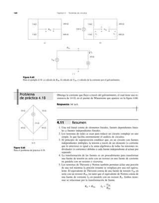 160 Capítulo 4 Teoremas de circuitos
Problema
de práctica 4.18
Obtenga la corriente que fluye a través del galvanómetro, el cual tiene una re-
sistencia de 14 ⍀, en el puente de Wheatstone que aparece en la figura 4.66.
Respuesta: 64 mA.
Resumen
1. Una red lineal consta de elementos lineales, fuentes dependientes linea-
les y fuentes independientes lineales.
2. Los teoremas de redes se usan para reducir un circuito complejo en uno
simple, lo que facilita enormemente el análisis de circuitos.
3. El principio de superposición establece que, en un circuito con fuentes
independientes múltiples, la tensión a través de un elemento (o corriente
que lo atraviesa) es igual a la suma algebraica de todas las tensiones in-
dividuales (o corrientes) debidas a cada fuente independiente al actuar por
separado.
4. La transformación de las fuentes es un procedimiento para transformar
una fuente de tensión en serie con un resistor en una fuente de corriente
en paralelo con un resistor o viceversa.
5. Los teoremas de Thevenin y Norton también permiten aislar una porción
de una red mientras la porción restante se remplaza por una red equiva-
lente. El equivalente de Thevenin consta de una fuente de tensión VTh en
serie con un resistor RTh, en tanto que el equivalente de Norton consta de
una fuente de corriente IN en paralelo con un resistor RN. Ambos teore-
mas se relacionan por la transformación de fuente.
RN ϭ RTh, IN ϭ
VTh
RTh
4.11
Figura 4.65
Para el ejemplo 4.18: a) cálculo de RTh, b) cálculo de VTh, c) cálculo de la corriente por el galvanómetro.
Figura 4.66
Para el problema de práctica 4.18.
220 V
400 Ω
600 Ω
+
−
3 kΩ
1 kΩ
a b
+ −
VTh
b)
VTh
40 Ω
+
−
c )
400 Ω
600 Ω
3 kΩ
1 kΩ
a b
RTh
a)
RTh a
b
G
IG
+
−
v1
+
−
v2
14 Ω
60 Ω
16 V
40 Ω
20 Ω 30 Ω
G
 
