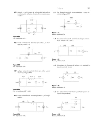 Problemas 165
4.25 Obtenga vo en el circuito de la figura 4.93 aplicando la
transformación de fuentes. Compruebe su resultado usan-
do PSpice.
Figura 4.93
Para el problema 4.25.
4.26 Use la transformación de fuentes para hallar io en el cir-
cuito de la figura 4.94.
Figura 4.94
Para el problema 4.26.
4.27 Aplique la transformación de fuente para hallar vx en el
circuito de la figura 4.95.
Figura 4.95
Para los problemas 4.27 y 4.40.
4.28 Use la transformación de fuente para hallar Io en la figu-
ra 4.96.
Figura 4.96
Para el problema 4.28.
4.29 Use la transformación de fuentes para hallar vo en el cir-
cuito de la figura 4.97.
Figura 4.97
Para el problema 4.29.
4.30 Use la transformación de fuentes al circuito que se mues-
tra en la figura 4.98 y halle ix.
Figura 4.98
Para el problema 4.30.
4.31 Determine vx en el circuito de la figura 4.99 aplicando la
transformación de fuentes.
Figura 4.99
Para el problema 4.31.
4.32 Use la transformación de fuentes para hallar ix en el cir-
cuito de la figura 4.100.
Figura 4.100
Para el problema 4.32.
3 A
9 Ω
2 Ω
2 A
30 V
5 Ω4 Ω 6 A
+ −
+ −vo
3 A 4 Ω
+
− 20 V6 A
io
5 Ω
2 Ω
50 V 8 A
10 Ω 12 Ω 20 Ω
40 Ω+
− 40 V+
−
a b
+ −vx
1 Ω 4 ΩIo
3 Ω Vo8 V −
+
+ −Vo
1
3
4 kΩ
1 kΩ3 mA
2 kΩ
3vo
− +
+
−
vo
24 Ω 60 Ω
10 Ω30 Ω
ix
12 V 0.7ix−
+
+
−
3 Ω 6 Ω
2vx8 Ω12 V
+
−
+ −vx
10 Ω
15 Ω
0.5ix
40 Ω60 V +
− 50 Ω
ix
 