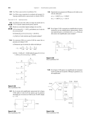 212 Capítulo 5 Amplificadores operacionales
5.80 Use PSpice para resolver el problema 5.61.
5.81 Use PSpice para comprobar los resultados del ejemplo 5.9.
Suponga amplificadores operacionales no ideales LM324.
Sección 5.10 Aplicaciones
5.82 Un CDA de cinco bits cubre un rango de tensión de 0 a
7.75 V. Calcule cuánta tensión posee cada bit.
5.83 Diseñe un convertidor digital-analógico de seis bits.
a) Si se desea |Vo| ϭ 1.1875 ¿cuál debería ser el valor de
[V1V2V3V4V5V6]?
b) Calcule |Vo| si [V1V2V3V4V5V6] ϭ [011011].
c) ¿Cuál es el valor máximo que |Vo| puede adoptar?
*5.84 Un conversor CDA en escalera R-2R de cuatro bits se
presenta en la figura 5.103.
a) Demuestre que la tensión de salida está dada por
b) Si Rf ϭ 12 k⍀ y R ϭ 10 k⍀, halle |Vo| para [V1V2V3V4]
ϭ [1011] y [V1V2V3V4V5V6] ϭ [0101].
Figura 5.103
Para el problema 5.84.
5.85 En el circuito del amplificador operacional de la figura
5.104, halle el valor de R de manera que la potencia
absorbida por el resistor de 10 k⍀ sea de 10 mW. Adopte
vs ϭ 2 V.
Figura 5.104
Para el problema 5.85.
ϪVo ϭ Rf a
V1
2R
ϩ
V2
4R
ϩ
V3
8R
ϩ
V4
16R
b
5.86 Suponiendo una ganancia de 200 para un AI, halle su ten-
sión de salida para:
a) v1 ϭ 0.402 V y v2 ϭ 0.386 V
b) v1 ϭ 1.002 V y v2 ϭ 1.011 V
5.87 En la figura 5.105 se presenta un amplificador de instru-
mentación con dos amplificadores operacionales. Derive
una expresión para vo en términos de v1 y v2. ¿Cómo po-
dría usarse este amplificador como restador?
Figura 5.105
Para el problema 5.87.
*5.88 En la figura 5.106 aparece un amplificador de instrumen-
tación excitado por un puente. Obtenga la ganancia vo/vi
del amplificador.
Figura 5.106
Para el problema 5.88.
R
R
R
R
VoVV+
−V1VV
V2VV
V3VV
V4VV
2R
2R
2R
2R
RfR
R
vsv
+
−
−
+
40 kΩ
10 kΩ
v2
v1
vovv
R4
R3R2
R1
+
−
+
−
25 kΩ
10 kΩ
10 kΩ
500 kΩ
vovv
25 kΩ
2 kΩ
30 kΩ20 kΩ
vi
80 kΩ40 kΩ
500 kΩ
+
−
+
−
+
−
 