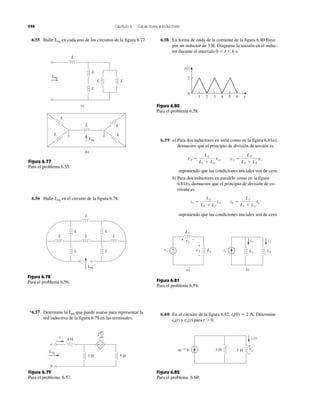 248 Capítulo 6 Capacitores e inductores
Leq
a)
L
LL
L
L
Leq
L
L
L L
L
b)
Figura 6.77
Para el problema 6.55.
L
L
L
L L
Leq
L
L
L
Figura 6.78
Para el problema 6.56.
3 H
4 H
5 H
Leq
+ −
i
a
b
dt
di
2
Figura 6.79
Para el problema 6.57.
i(t)
0
2
3 4 5 621 t
Figura 6.80
Para el problema 6.58.
vs
+
−
+
−
v2
+ −v1
L1
L2
a)
is L1 L2
b)
i1 i2
Figura 6.81
Para el problema 6.59.
3 H 5 H
io (t)
4e−2t V
+
−
vo
Figura 6.82
Para el problema 6.60.
6.55 Halle Leq en cada uno de los circuitos de la figura 6.77.
6.56 Halle Leq en el circuito de la figura 6.78.
*6.57 Determine la Leq que puede usarse para representar la
red inductiva de la figura 6.79 en las terminales.
6.58 La forma de onda de la corriente de la figura 6.80 fluye
por un inductor de 3 H. Diagrame la tensión en el induc-
tor durante el intervalo 0 Ͻ t Ͻ 6 s.
6.59 a) Para dos inductores en serie como en la figura 6.81a),
demuestre que el principio de división de tensión es
suponiendo que las condiciones iniciales son de cero.
b) Para dos inductores en paralelo como en la figura
6.81b), demuestre que el principio de división de co-
rriente es
suponiendo que las condiciones iniciales son de cero.
i1 ϭ
L2
L1 ϩ L2
is, i2 ϭ
L1
L1 ϩ L2
is
v1 ϭ
L1
L1 ϩ L2
vs, v2 ϭ
L2
L1 ϩ L2
vs
6.60 En el circuito de la figura 6.82, io(0) ϭ 2 A. Determine
io(t) y vo(t) para t Ͼ 0.
 
