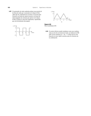 252 Capítulo 6 Capacitores e inductores
v (V)
0
5
−5
3 421 t (ms)
a)
b)
i (A)
4
3 4210 t (ms)
Figura 6.94
Para el problema 6.85.
6.85 Un generador de onda cuadrada produce una tensión de
la forma de onda que se presenta en la figura 6.94a).
¿Qué tipo de componente de circuitos se necesita para
convertir esa forma de onda de tensión a la forma de
onda triangular de corriente que aparece en la figura
6.94b)? Calcule el valor del componente, suponiendo
que está inicialmente descargado.
6.86 Un motor eléctrico puede modelarse como una combina-
ción en serie de un resistor de 12 ⍀ y un inductor de 200
mH. Si una corriente i(t) ϭ 2teϪ10t
A fluye por la com-
binación en serie, halle la tensión entre los extremos de
la combinación.
 