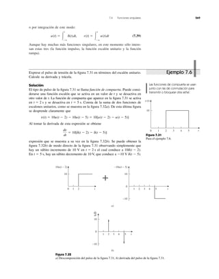 7.4 Funciones singulares 269
o por integración de este modo:
(7.39)
Aunque hay muchas más funciones singulares, en este momento sólo intere-
san estas tres (la función impulso, la función escalón unitario y la función
rampa).
u(t) ϭ Ύ
t
Ϫϱ
d(t)dt, r(t) ϭ Ύ
t
Ϫϱ
u(t)dt
Exprese el pulso de tensión de la ﬁgura 7.31 en términos del escalón unitario.
Calcule su derivada y trácela.
Solución:
El tipo de pulso de la ﬁgura 7.31 se llama función de compuerta. Puede consi-
derarse una función escalón que se activa en un valor de t y se desactiva en
otro valor de t. La función de compuerta que aparece en la ﬁgura 7.31 se activa
en y se desactiva en Consta de la suma de dos funciones de
escalones unitarios, como se muestra en la ﬁgura 7.32a). De esta última ﬁgura
se desprende claramente que
Al tomar la derivada de esta expresión se obtiene
expresión que se muestra a su vez en la ﬁgura 7.32b). Se puede obtener la
ﬁgura 7.32b) de modo directo de la ﬁgura 7.31 observando simplemente que
hay un súbito incremento de 10 V en el cual conduce a
En hay un súbito decremento de 10 V, que conduce a Ϫ10 V d(t Ϫ 5).t ϭ 5 s,
10d(t Ϫ 2).t ϭ 2 s
dv
dt
ϭ 10[d(t Ϫ 2) Ϫ d(t Ϫ 5)]
v(t) ϭ 10u(t Ϫ 2) Ϫ 10u(t Ϫ 5) ϭ 10[u(t Ϫ 2) Ϫ u(t Ϫ 5)]
t ϭ 5 s.t ϭ 2 s
Las funciones de compuerta se usan
junto con las de conmutación para
transmitir o bloquear otra señal.
Figura 7.31
Para el ejemplo 7.6.
Figura 7.32
a) Descomposición del pulso de la ﬁgura 7.31, b) derivada del pulso de la ﬁgura 7.31.
0 t
10
v(t)
3 4 51 2
0 t21
10
10u(t − 2) −10u(t − 5)
a)
1 2
0
3 4 5 t
10
−10
+
b)
10
3 4 5 t1 2
0
−10
dv
dt
Ejemplo 7.6
 