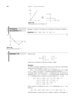 272 Capítulo 7 Circuitos de primer orden
Remítase a la ﬁgura 7.39. Exprese en términos de funciones singulares.
Respuesta: 2u(t) Ϫ 2r(t) ϩ 4r(t Ϫ 2) Ϫ 2r(t Ϫ 3).
i(t)
Figura 7.38
Descomposición de de la ﬁgura 7.35.v(t)
Figura 7.39
Para el problema de práctica 7.7.
Dada la señal
exprese en términos de funciones escalón y rampa.
Solución:
La señal puede considerarse la suma de tres funciones especiﬁcadas
dentro de los tres intervalos t Ͻ 0, 0 Ͻ t Ͻ 1 y
Para puede estimarse como 3 multiplicado por donde
para t Ͻ 0 y 0 para t Ͼ 0. Dentro del intervalo de tiempo
la función puede considerarse como multiplicado por una función de
compuerta Para la función puede estimarse como
multiplicado por la función de escalón unitario Así,
Puede evitarse el problema de usar remplazándolo por
Entonces,
Alternativamente, se puede trazar y aplicar el método 1 del ejemplo 7.7.g(t)
g(t) ϭ 3[1 Ϫ u(t)] Ϫ 2u(t) ϩ 2r(t Ϫ 1) ϭ 3 Ϫ 5u(t) ϩ 2r(t Ϫ 1)
1 Ϫ u(t).u(Ϫt)
ϭ 3u(Ϫt) Ϫ 2u(t) ϩ 2r(t Ϫ 1)
ϭ 3u(Ϫt) Ϫ 2u(t) ϩ 2(t Ϫ 1)u(t Ϫ 1)
ϭ 3u(Ϫt) Ϫ 2u(t) ϩ (2t Ϫ 4 ϩ 2)u(t Ϫ 1)
g(t) ϭ 3u(Ϫt) Ϫ 2[u(t) Ϫ u(t Ϫ 1)] ϩ (2t Ϫ 4)u(t Ϫ 1)
u(t Ϫ 1).2t Ϫ 4
t 7 1,[u(t) Ϫ u(t Ϫ 1)].
Ϫ2
0 6 t 6 1,u(Ϫt) ϭ 1
u(Ϫt),t 6 0, g(t)
t 7 1.
g(t)
g(t)
g(t) ϭ c
3, t 6 0
Ϫ2, 0 6 t 6 1
2t Ϫ 4, t 7 1
0 t
10
5r(t)
2
×
0 t
u(−t + 2)
2
1
i(t) (A)
1
0
2 3 t (s)
2
−2
Problema
de práctica 7.7
Ejemplo 7.8
 