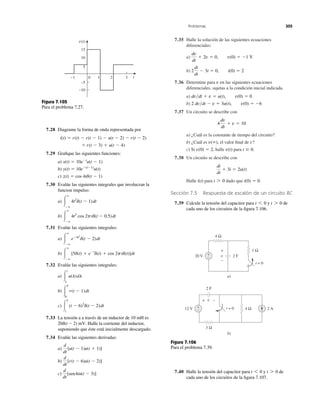 Problemas 305
7.35 Halle la solución de las siguientes ecuaciones
diferenciales:
a)
b)
7.36 Determine para en las siguientes ecuaciones
diferenciales, sujetas a la condición inicial indicada.
a)
b)
7.37 Un circuito se describe con
a) ¿Cuál es la constante de tiempo del circuito?
b) ¿Cuál es el valor ﬁnal de v?
c) Si halle para
7.38 Un circuito se describe con
Halle para dado que
Sección 7.5 Respuesta de escalón de un circuito RC
7.39 Calcule la tensión del capacitor para y de
cada uno de los circuitos de la ﬁgura 7.106.
t 7 0t 6 0
i(0) ϭ 0.t 7 0i(t)
di
dt
ϩ 3i ϭ 2u(t)
t Ն 0.v(t)v(0) ϭ 2,
v(ϱ),
4
dv
dt
ϩ v ϭ 10
2 dv͞dt Ϫ v ϭ 3u(t), v(0) ϭ Ϫ6
dv͞dt ϩ v ϭ u(t), v(0) ϭ 0
v
2
di
dt
Ϫ 3i ϭ 0, i(0) ϭ 2
dv
dt
ϩ 2v ϭ 0, v(0) ϭ Ϫ1 V
0 321−1
15
10
5
−10
−5
t
v(t)
Figura 7.105
Para el problema 7.27.
7.28 Diagrame la forma de onda representada por
7.29 Graﬁque las siguientes funciones:
a)
b)
c)
7.30 Evalúe las siguientes integrales que involucran la
funcion impulso:
a)
b)
7.31 Evalúe las siguientes integrales:
a)
b)
7.32 Evalúe las siguientes integrales:
a)
b)
c)
7.33 La tensión a a través de un inductor de 10 mH es
Halle la corriente del inductor,
suponiendo que éste está inicialmente descargado.
7.34 Evalúe las siguientes derivadas:
a)
b)
c)
d
dt
[sin 4tu(t Ϫ 3)]
d
dt
[r(t Ϫ 6)u(t Ϫ 2)]
d
dt
[u(t Ϫ 1)u(t ϩ 1)]
20d(t Ϫ 2) mV.
Ύ
5
1
(t Ϫ 6)2
d(t Ϫ 2)dt
Ύ
4
0
r(t Ϫ 1)dt
Ύ
t
1
u(l)dl
Ύ
ϱ
Ϫϱ
[5d(t) ϩ eϪt
d(t) ϩ cos 2ptd(t)]dt
Ύ
ϱ
Ϫϱ
eϪ4t2
d(t Ϫ 2)dt
Ύ
ϱ
Ϫϱ
4t2
cos 2ptd(t Ϫ 0.5)dt
Ύ
ϱ
Ϫϱ
4t2
d(t Ϫ 1)dt
z(t) ϭ cos 4td(t Ϫ 1)
y(t) ϭ 10eϪ(tϪ1)
u(t)
x(t) ϭ 10eϪt
u(t Ϫ 1)
ϩ r(t Ϫ 3) ϩ u(t Ϫ 4)
i(t) ϭ r(t) Ϫ r(t Ϫ 1) Ϫ u(t Ϫ 2) Ϫ r(t Ϫ 2)
+
−
1 Ω
4 Ω
20 V
12 V
+
−
t = 0
v 2 F
a)
b)
3 Ω
2 A4 Ω
+ −
+
− t = 0
2 F
v
Figura 7.106
Para el problema 7.39.
7.40 Halle la tensión del capacitor para y de
cada uno de los circuitos de la ﬁgura 7.107.
t 7 0t 6 0sen
 