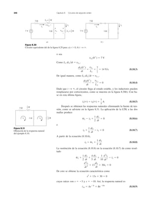 342 Capítulo 8 Circuitos de segundo orden
Figura 8.30
Circuito equivalente del de la ﬁgura 8.29 para: a) t Ͼ 0, b) t S ϱ.
o sea
Como
(8.10.3)
De igual manera, como
(8.10.4)
Dado que el circuito llega al estado estable, y los inductores pueden
remplazarse por cortocircuitos, como se muestra en la ﬁgura 8.30b). Con ba-
se en esta última ﬁgura,
(8.10.5)
Después se obtienen las respuestas naturales eliminando la fuente de ten-
sión, como se advierte en la ﬁgura 8.31. La aplicación de la LTK a las dos
mallas produce
(8.10.6)
e
(8.10.7)
A partir de la ecuación (8.10.6),
(8.10.8)
La sustitución de la ecuación (8.10.8) en la ecuación (8.10.7) da como resul-
tado
De esto se obtiene la ecuación característica como
cuyas raíces son s ϭ Ϫ3 y s ϭ Ϫ10. Así, la respuesta natural es
(8.10.9)i1n ϭ AeϪ3t
ϩ BeϪ10t
s2
ϩ 13s ϩ 30 ϭ 0
d2
i1
dt2
ϩ 13
di1
dt
ϩ 30i1 ϭ 0
4i1 ϩ
1
2
di1
dt
ϩ
4
5
di1
dt
ϩ
1
10
d2
i1
dt2
Ϫ i1 ϭ 0
i2 ϭ 4i1 ϩ
1
2
di1
dt
i2 ϩ
1
5
di2
dt
Ϫ i1 ϭ 0
4i1 Ϫ i2 ϩ
1
2
di1
dt
ϭ 0
i1(ϱ) ϭ i2(ϱ) ϭ
7
3
A
t S ϱ,
di2(0ϩ
)
dt
ϭ
vL2
L2
ϭ 0
L2 di2͞dt ϭ vL2
,
di1(0ϩ
)
dt
ϭ
vL1
L1
ϭ
7
1
2
ϭ 14 V/s
L1 di1͞dt ϭ vL1
,
vL1
(0ϩ
) ϭ 7 V
Figura 8.31
Obtención de la respuesta natural
del ejemplo 8.10.
7 V +
−
3 Ω
1 Ω vo vL2
+
−
+ −vL1
i1
+
−
i2
a)
7 V +
−
3 Ω
1 Ω
i1
i2
b )
L1 = 1
2 H
L2 = 1
5 H
3 Ω
1 Ωi1 i2
H1
2
H1
5
 