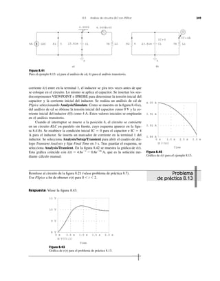 8.9 Análisis de circuitos RLC con PSPice 349
Figura 8.41
Para el ejemplo 8.13: a) para el análisis de cd, b) para el análisis transitorio.
corriente i(t) entre en la terminal 1, el inductor se gira tres veces antes de que
se coloque en el circuito. Lo mismo se aplica al capacitor. Se insertan los seu-
docomponentes VIEWPOINT e IPROBE para determinar la tensión inicial del
capacitor y la corriente inicial del inductor. Se realiza un análisis de cd de
PSpice seleccionando Analysis/Simulate. Como se muestra en la ﬁgura 8.41a),
del análisis de cd se obtiene la tensión inicial del capacitor como 0 V y la co-
rriente inicial del inductor i(0) como 4 A. Estos valores iniciales se emplearán
en el análisis transitorio.
Cuando el interruptor se mueve a la posición b, el circuito se convierte
en un circuito RLC en paralelo sin fuente, cuyo esquema aparece en la ﬁgu-
ra 8.41b). Se establece la condición inicial IC ϭ 0 para el capacitor e IC ϭ 4
A para el inductor. Se inserta un marcador de corriente en la terminal 1 del
inductor. Se selecciona Analysis/Setup/Transient para abrir el cuadro de diá-
logo Transient Analysis y ﬁjar Final Time en 3 s. Tras guardar el esquema, se
selecciona Analysis/Transient. En la ﬁgura 8.42 se muestra la gráﬁca de i(t).
Esta gráﬁca coincide con que es la solución me-
diante cálculo manual.
i(t) ϭ 4.8eϪt
Ϫ 0.8eϪ6t
A, Figura 8.42
Gráﬁca de i(t) para el ejemplo 8.13.
Remítase al circuito de la ﬁgura 8.21 (véase problema de práctica 8.7).
Use PSpice a ﬁn de obtener para 0 Ͻ t Ͻ 2.
Respuesta: Véase la ﬁgura 8.43.
v(t)
Figura 8.43
Gráﬁca de para el problema de práctica 8.13.v(t)
IDC4A R1 5 7H L1
0
23.81m C1
a)
R2 6 7H L1
0
23.81m C1
IC=0
IC=4A
b)
I
0.0000 4.000E+00
11 V
9 V
10 V
8 V
0 s 0.5 s 1.0 s 1.5 s 2.0 s
V(C1:1)
Time
4.00 A
3.92 A
3.96 A
3.88 A
0 s 1.0 s 2.0 s 3.0 s
I(L1)
Time
Problema
de práctica 8.13
 