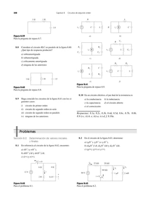 358 Capítulo 8 Circuitos de segundo orden
Figura 8.59
Para la pregunta de repaso 8.7.
8.8 Considere el circuito RLC en paralelo de la ﬁgura 8.60.
¿Qué tipo de respuesta producirá?
a) sobreamortiguada
b) subamortiguada
c) críticamente amortiguada
d) ninguna de las anteriores
Figura 8.60
Para la pregunta de repaso 8.8.
8.9 Haga coincidir los circuitos de la ﬁgura 8.61 con los si-
guientes casos:
i) circuito de primer orden
ii) circuito de segundo orden en serie
iii) circuito de segundo orden en paralelo
iv) ninguno de los anteriores
Figura 8.61
Para la pregunta de repaso 8.9.
8.10 En un circuito eléctrico, el par dual de la resistencia es:
a) la conductancia b) la inductancia
c) la capacitancia d) el circuito abierto
e) el cortocircuito
Respuestas: 8.1a, 8.2c, 8.3b, 8.4d, 8.5d, 8.6c, 8.7b, 8.8b,
8.9 i)-c, ii)-b, e, iii)-a, iv)-d, f, 8.10a.
Problemas
Sección 8.2 Determinación de valores iniciales
y ﬁnales
8.1 En referencia al circuito de la ﬁgura 8.62, encuentre:
a) y
b) y
c) y v(ϱ).i(ϱ)
dv(0ϩ
)͞dt,di(0ϩ
)͞dt
v(0ϩ
),i(0ϩ
)
Figura 8.62
Para el problema 8.1.
8.2 En el circuito de la ﬁgura 8.63, determine:
a) iR(0ϩ
), iL(0ϩ
) e
b) diR(0ϩ
)/ dt, diL(0ϩ
)/dt y diC(0ϩ
)/dt,
c) iR(ϱ), iL(ϱ) e iC(ϱ).
iC(0ϩ
),
Figura 8.63
Para el problema 8.2.
1 H
1 F
1 Ω
1 F1 H1 Ω
vs
R
C1
c)
is C2
C1
L
R1
L
d)
e)
is
C
f)
R1
C2
R2
vs
R L
+
−
a)
is C
b)
RC
+
−
vs
R1 R2
+
− L
L
C
R2
12 V
0.4 F
6 Ω
+
−
2 H
4 Ω
i
t = 0
v
+
−
80 V
20 kΩ
2 mH1 ␮F
60 kΩ
+
−
iLiC
25 kΩiR
t = 0
 