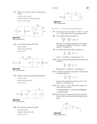8.3 Remítase al circuito que aparece en la ﬁgura 8.64.
Calcule:
a) iL(0ϩ
), vC(0ϩ
) y
b) diL(0ϩ
)/ dt, dvC(0ϩ
)/dt y dvR(0ϩ
)/dt,
c) iL(ϱ), vC(ϱ) y vR(ϱ).
vR(0ϩ
),
Sección 8.3 Circuito RLC en serie sin fuente
8.7 Un circuito RLC en serie tiene
y ¿Qué tipo de amortiguamiento exhibe?
8.8 Una corriente de rama se describe con
Determine: a) la ecuación característica, b) el tipo de
amortiguamiento exhibido por el circuito, c) i(t) dado
que i(0) ϭ 1 y di(0)/dt ϭ 2.
8.9 La corriente en un circuito RLC se describe con
Si i(0) ϭ 10 y di(0)/dt ϭ 0, halle i(t) para t Ͼ 0.
8.10 La ecuación diferencial que describe a la tensión en una
red RLC es
Dado que obtenga
8.11 La respuesta natural de un circuito RLC se describe con
la ecuación diferencial
para la cual las condiciones iniciales son y
Determine
8.12 Si ¿qué valor de C hará que un
circuito RLC en serie esté:
a) ¿sobreamortiguado? b) ¿críticamente amortiguado?
c) ¿subamortiguado?
8.13 Para el circuito de la ﬁgura 8.68, calcule el valor de R
necesario para tener una respuesta críticamente amorti-
guada.
R ϭ 20 ⍀, L ϭ 0.6 H,
v(t).dv(0)͞dt ϭ 0.
v(0) ϭ 10
d2
v
dt2
ϩ 2
dv
dt
ϩ v ϭ 0
v(t).v(0) ϭ 0, dv(0)͞dt ϭ 10,
d2
v
dt2
ϩ 5
dv
dt
ϩ 4v ϭ 0
d2
i
dt2
ϩ 10
di
dt
ϩ 25i ϭ 0
d2
i(t)
dt2
ϩ 4
di(t)
dt
ϩ 10i(t) ϭ 0
C ϭ 10 mF.
R ϭ 10 k⍀, L ϭ 0.1 mH
Problemas 359
Figura 8.64
Para el problema 8.3.
8.4 En el circuito de la ﬁgura 8.65, halle:
a) e
b) y
c) e i(ϱ).v(ϱ)
di(0ϩ
)͞dt,dv(0ϩ
)͞dt
i(0ϩ
),v(0ϩ
)
Figura 8.65
Para el problema 8.4.
8.5 Remítase al circuito de la ﬁgura 8.66. Determine:
a) y
b) y
c) y v(ϱ).i(ϱ)
dv(0ϩ
)͞dt,di(0ϩ
)͞dt
v(0ϩ
),i(0ϩ
)
Figura 8.66
Para el problema 8.5.
8.6 En el circuito de la ﬁgura 8.67, halle:
a) y
b) y
c) y vL(ϱ).vR(ϱ)
dvL(0ϩ
)͞dt,dvR(0ϩ
)͞dt
vL(0ϩ
),vR(0ϩ
)
Figura 8.67
Para el problema 8.6.
Figura 8.68
Para el problema 8.13.
2u(t) A
40 Ω
10 V
vR
+
−
10 Ω
+
−
IL
vC
+
−
F1
4
H1
8
40u(–t) V 4u(t) A
3 Ω 0.25 H
0.1 F 5 Ω+
−
i
v
+
−
4u(t) A
1 H
4 Ω v
+
−
6 Ω
i
F
1
4
Vsu(t)
Rs R
+
− LC
+ −vR +
−
vL
R 4 H0.01 F
60 Ω
 