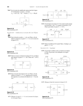 8.75 Obtenga el dual del circuito de la ﬁgura 8.119.
8.71 Obtenga v(t) para 0 Ͻ t Ͻ 4 s en el circuito de la ﬁgura
8.116 usando PSpice.
366 Capítulo 8 Circuitos de segundo orden
Sección 8.9 Análisis de un circuito RLC con PSpice
8.68 Para la función escalón use PSpice a ﬁn de
hallar la respuesta para 0 Ͻ t Ͻ 6 s en el circuito de
la ﬁgura 8.113.
v(t)
vs ϭ u(t),
Figura 8.113
Para el problema 8.68.
8.69 Dado el circuito sin fuente de la ﬁgura 8.114, use PSpice
para obtener i(t) para 0 Ͻ t Ͻ 20 s. Tome e
i(0) ϭ 2 A.
v(0) ϭ 30 V
Figura 8.114
Para el problema 8.69.
8.70 Para el circuito de la ﬁgura 8.115, use PSpice a ﬁn de
obtener para 0 Ͻ t Ͻ 4 s. Suponga que la tensión
del capacitor y la corriente del inductor en t ϭ 0 son de
cero.
v(t)
Figura 8.115
Para el problema 8.70.
Figura 8.116
Para el problema 8.71.
8.72 El interruptor de la ﬁgura 8.117 ha estado mucho tiempo
en la posición 1. En t ϭ 0, cambia a la posición 2. Use
PSpice para hallar i(t) para 0 Ͻ t Ͻ 0.2 s.
Figura 8.117
Para el problema 8.72.
8.73 Repita el problema 8.25 usando PSpice. Graﬁque
para 0 Ͻ t Ͻ 4 s.
Sección 8.10 Dualidad
8.74 Un par dual se elabora como se muestra en la ﬁgura
8.118a). El par dual se ha redibujado en la ﬁgura
8.118b).
vo(t)
Figura 8.118
Para el problema 8.74.
Figura 8.119
Para el problema 8.75.
*8.67 En el circuito de ampliﬁcador operacional de la ﬁgura
8.112 determine para t Ͼ 0. Sean
C1 ϭ C2 ϭ 100 mF.ven ϭ u(t) V, R1 ϭ R2 ϭ 10 k⍀,
vo(t)
Figura 8.112
Para el problema 8.67.
R2
C1
R1
C2
ven
vo+
−
2 Ω
vs
+
−
1 H
1 F v(t)
+
−
1 Ω 10 H 2.5 F
i
v
+
−
3 Ω
6 Ω
24 V 0.4 F
2 H
+
−
v−
+
13u(t) A 39u(t) V6 Ω
6 Ω
+
−
1 H
v(t)
+
−
20 Ω
0.4 F
2 kΩ
4 kΩ 1 kΩ
i
10 V
1 2
t = 0
100 ␮F
100 mH
−
+
3 A
9 A
9 V
3 V
0.5 Ω
2 Ω 4 Ω
1 Ω
0.25 Ω
6 Ω
1 Ω
1 Ω−
+
−
+
−
+
1
6 Ω
1
2
Ω 1
4
Ω
1
6
Ω
3 V9 A
a)
b)
12 V +
−
24 V+
−
4 Ω
10 Ω
2 H
0.5 F
 
