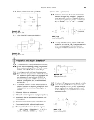 8.77 Dibuje el dual del circuito de la ﬁgura 8.121.
Problemas de mayor extensón 367
Figura 8.124
Para el problema 8.83.
Figura 8.120
Para el problema 8.76.
8.76 Halle el dual del circuito de la ﬁgura 8.120.
Figura 8.121
Para el problema 8.77.
Sección 8.11 Aplicaciones
8.78 El activador de una bolsa de aire para un automóvil se
modela en el circuito de la ﬁgura 8.122. Determine el
tiempo que tarda la tensión en el disparador del activa-
dor en llegar a su primer valor pico tras la conmutación
de A a B. Sean y L ϭ 60 mH.R ϭ 3 ⍀, C ϭ 1͞30 F
Figura 8.122
Para el problema 8.78.
8.79 Una carga se modela como un inductor de 250 mH en
paralelo con un resistor de 12 . Debe conectarse un ca-
pacitor a la carga para que la red esté críticamente
amortiguada en 60 Hz. Calcule el valor del capacitor.
⍀
Problemas de mayor extensión
8.80 Un sistema mecánico se modela mediante un circuito RLC
en serie. Se desea producir una respuesta sobreamortigua-
da con constantes de tiempo 0.1 ms y 0.5 ms. Si se usa un
resistor en serie de 50 k⍀, halle los valores de L y C.
8.81 Un oscilograma puede modelarse adecuadamente me-
diante un sistema de segundo orden en forma de circuito
RLC en paralelo. Se desea proporcionar una tensión sub-
amortiguada a través de un resistor de 200 . Si la
frecuencia amortiguada es de 4 kHz y la constante de
tiempo de la envolvente es de 0.25 s, halle los valores
necesarios de L y C.
8.82 El circuito de la ﬁgura 8.123 es el análogo eléctrico de
funciones corporales que se emplea en escuelas de medi-
cina para estudiar las convulsiones. La analogía es la
siguiente:
C1 ϭ Volumen de ﬂuido en un medicamento
C2 ϭ Volumen de torrente sanguíneo en una región especiﬁcada
R1 ϭ Resistencia al paso del medicamento de la entrada al to-
rrente sanguíneo
R2 ϭ Resistencia del mecanismo excretor, como riñones, etc.
v0 ϭ Concentración inicial de la dosis del medicamento
v(t) ϭ Porcentaje del medicamento en el torrente sanguíneo
Halle para t Ͼ 0 dado que
y v0 ϭ 60u(t) V.R1 ϭ 5 M⍀, R2 ϭ 2.5 M⍀5 mF,
C2 ϭC1 ϭ 0.5 mF,v(t)
⍀
Figura 8.123
Para el problema 8.82.
8.83 En la ﬁgura 8.124 aparece un circuito típico de oscilador
con un diodo de túnel. El diodo se modela como un re-
sistor no lineal con es decir, la corriente del
diodo es una función no lineal de la tensión a través
del diodo. Obtenga la ecuación diferencial del circuito
en términos de e iD.v
iD ϭ f(vD),
20 Ω
10 Ω 30 Ω
4 H
60 V
1 F 2 A
+ −
120 V
− +
+
−
2 Ω 3 Ω
12 V
5 A
1 Ω0.25 H1 F
t = 0
A B
12 V +
− L RC
Acondicionador
de la bolsa de
aire
R1t = 0
C2C1
vo
+
−
R2
v(t)
+
−
R L i
Cv
+
−
+
−vs
ID
vD
+
−
 