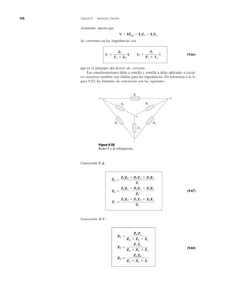 Asimismo, puesto que
las corrientes en las impedancias son
(9.66)
que es el principio del divisor de corriente.
Las transformaciones delta a estrella y estrella a delta aplicadas a circui-
tos resistivos también son válidas para las impedancias. En referencia a la ﬁ-
gura 9.22, las fórmulas de conversión son las siguientes.
I1 ϭ
Z2
Z1 ϩ Z2
I, I2 ϭ
Z1
Z1 ϩ Z2
I
V ϭ IZeq ϭ I1Z1 ϭ I2Z2
392 Capítulo 9 Senoides y fasores
a b
c
n
Z1
Zb
Zc
Za
Z2
Z3
Figura 9.22
Redes Y y sobrepuestas.¢
Conversión :
(9.67)
Conversión :
(9.68)
Z1 ϭ
Zb Zc
Za ϩ Zb ϩ Zc
Z2 ϭ
Zc Za
Za ϩ Zb ϩ Zc
Z3 ϭ
Za Zb
Za ϩ Zb ϩ Zc
¢-Y
Za ϭ
Z1Z2 ϩ Z2Z3 ϩ Z3Z1
Z1
Zb ϭ
Z1Z2 ϩ Z2Z3 ϩ Z3Z1
Z2
Zc ϭ
Z1Z2 ϩ Z2Z3 ϩ Z3Z1
Z3
Y-¢
 
