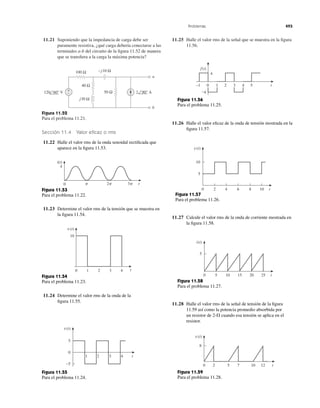 11.21 Suponiendo que la impedancia de carga debe ser
puramente resistiva, ¿qué carga debería conectarse a las
terminales a-b del circuito de la ﬁgura 11.52 de manera
que se transﬁera a la carga la máxima potencia?
11.25 Halle el valor rms de la señal que se muestra en la ﬁgura
11.56.
Problemas 493
Figura 11.52
Para el problema 11.21.
Sección 11.4 Valor eﬁcaz o rms
11.22 Halle el valor rms de la onda senoidal rectiﬁcada que
aparece en la ﬁgura 11.53.
Figura 11.53
Para el problema 11.22.
11.23 Determine el valor rms de la tensión que se muestra en
la ﬁgura 11.54.
Figura 11.54
Para el problema 11.23.
11.24 Determine el valor rms de la onda de la
ﬁgura 11.55.
Figura 11.55
Para el problema 11.24.
100 Ω
40 Ω
−j10 Ω
j30 Ω
50 Ω+
−120 60° V 2 90° A
a
b
i(t)
t
4
0 ␲ 2␲ 3␲
v(t)
10
3 4210 t
1
0
2 3 4 t
5
−5
v(t)
Figura 11.56
Para el problema 11.25.
11.26 Halle el valor eﬁcaz de la onda de tensión mostrada en la
ﬁgura 11.57.
Figura 11.57
Para el problema 11.26.
11.27 Calcule el valor rms de la onda de corriente mostrada en
la ﬁgura 11.58.
Figura 11.58
Para el problema 11.27.
11.28 Halle el valor rms de la señal de tensión de la ﬁgura
11.59 así como la potencia promedio absorbida por
un resistor de cuando esa tensión se aplica en el
resistor.
2-⍀
Figura 11.59
Para el problema 11.28.
f(t)
4
–4
–1 5 t0 1 2 3 4
20 4 6 8 10 t
5
10
v(t)
50 10 15 20 25 t
5
i(t)
20 5 7 10 12 t
8
v(t)
 