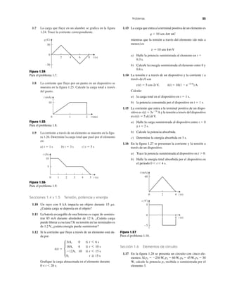 1.7 La carga que fluye en un alambre se grafica en la figura
1.24. Trace la corriente correspondiente.
1.8 La corriente que fluye por un punto en un dispositivo se
muestra en la figura 1.25. Calcule la carga total a través
del punto.
1.9 La corriente a través de un elemento se muestra en la figu-
ra 1.26. Determine la carga total que pasó por el elemento
en:
a) t ϭ 1 s b) t ϭ 3 s c) t ϭ 5 s
Secciones 1.4 y 1.5 Tensión, potencia y energía
1.10 Un rayo con 8 kA impacta un objeto durante 15 ␮s.
¿Cuánta carga se deposita en el objeto?
1.11 La batería recargable de una linterna es capaz de suminis-
trar 85 mA durante alrededor de 12 h. ¿Cuánta carga
puede liberar a esa tasa? Si su tensión en las terminales es
de 1.2 V, ¿cuánta energía puede suministrar?
1.12 Si la corriente que fluye a través de un elemento está da-
da por
Grafique la carga almacenada en el elemento durante
0 < t Ͻ 20 s.
i(t) ϭ μ
3tA, 0 Ϲ t 6 6 s
18A, 6 Ϲ t 6 10 s
Ϫ12A, 10 Ϲ t 6 15 s
0, t м 15 s
1.13 La carga que entra a la terminal positiva de un elemento es
q ϭ 10 sen 4␲t mC
mientras que la tensión a través del elemento (de más a
menos) es
v ϭ 10 sen 4␲t V
a) Halle la potencia suministrada al elemento en t ϭ
0.3 s.
b) Calcule la energía suministrada al elemento entre 0 y
0.6 s.
1.14 La tensión v a través de un dispositivo y la corriente i a
través de él son
v(t) ϭ 5 cos 2t V, i(t) ϭ 10(1 Ϫ eϪ0.5t
) A
Calcule:
a) la carga total en el dispositivo en t ϭ 1 s.
b) la potencia consumida por el dispositivo en t ϭ 1 s.
1.15 La corriente que entra a la terminal positiva de un dispo-
sitivo es i(t) ϭ 3eϪ2t
A y la tensión a través del dispositivo
es v(t) ϭ 5 di͞dt V.
a) Halle la carga suministrada al dispositivo entre t ϭ 0
y t ϭ 2 s.
b) Calcule la potencia absorbida.
c) Determine la energía absorbida en 3 s.
1.16 En la figura 1.27 se presentan la corriente y la tensión a
través de un dispositivo.
a) Trace la potencia suministrada al dispositivo en t Ͼ 0.
b) Halle la energía total absorbida por el dispositivo en
el periodo 0 Ͻ t Ͻ 4 s.
Problemas 25
Figura 1.24
Para el problema 1.7.
q (C)
t (s)
50
–50
0
2 4 6 8
Figura 1.25
Para el problema 1.8.
i (mA)
t (ms)0 1 2
10
Figura 1.26
Para el problema 1.9.
0 1 2 3 4 5
5
10
i (A)
t (s)
Figura 1.27
Para el problema 1.16.
0 2 4
60
i (mA)
t (s)
0
5
v (V)
t (s)
– 5
2 4
Sección 1.6 Elementos de circuito
1.17 En la figura 1.28 se presenta un circuito con cinco ele-
mentos. Si p1 ϭ Ϫ250 W, p2 ϭ 60 W, p4 ϭ 45 W, p5 ϭ 30
W, calcule la potencia p3 recibida o suministrada por el
elemento 3.
 