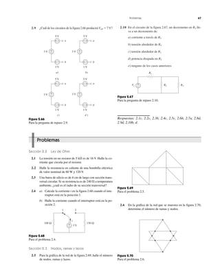 2.9 ¿Cuál de los circuitos de la figura 2.66 producirá Vab ϭ 7V? 2.10 En el circuito de la figura 2.67, un decremento en R3 lle-
va a un decremento de:
a) corriente a través de R3
b) tensión alrededor de R3
c) tensión alrededor de R1
d) potencia disipada en R2
e) ninguno de los casos anteriores
Problemas 67
3 V
a
b
5 V
1 V
a)
+
−
+ −
+ −
3 V
a
b
5 V
1 V
b)
+
−
+−
+ −
3 V
a
5 V
1 V
c)
+
−
+ −
+− b
3 V
a
5 V
1 V
d )
+
−
+−
+− b
Figura 2.66
Para la pregunta de repaso 2.9.
Vs
R1
R2 R3
+
−
Figura 2.67
Para la pregunta de repaso 2.10.
+
−
150 Ω100 Ω
3 V
1 2
i
Figura 2.68
Para el problema 2.4.
Figura 2.69
Para el problema 2.5.
Figura 2.70
Para el problema 2.6.
Problemas
Respuestas: 2.1c, 2.2c, 2.3b, 2.4c, 2.5c, 2.6b, 2.7a, 2.8d,
2.9d, 2.10b, d.
Sección 2.2 Ley de Ohm
2.1 La tensión en un resistor de 5 k⍀ es de 16 V. Halle la co-
rriente que circula por el resistor.
2.2 Halle la resistencia en caliente de una bombilla eléctrica
de valor nominal de 60 W y 120 V.
2.3 Una barra de silicio es de 4 cm de largo con sección trans-
versal circular. Si su resistencia es de 240 ⍀ a temperatura
ambiente, ¿cuál es el radio de su sección transversal?
2.4 a) Calcule la corriente i en la figura 2.68 cuando el inte-
rruptor está en la posición 1.
b) Halle la corriente cuando el interruptor está en la po-
sición 2.
Sección 2.3 Nodos, ramas y lazos
2.5 Para la gráfica de la red de la figura 2.69, halle el número
de nodos, ramas y lazos.
2.6 En la gráfica de la red que se muestra en la figura 2.70,
determine el número de ramas y nodos.
 