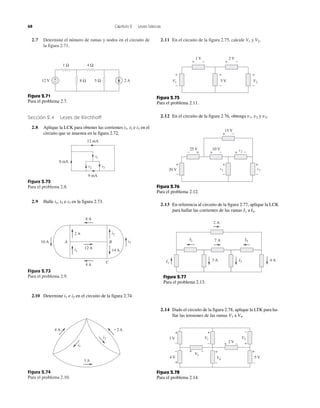 68 Capítulo 2 Leyes básicas
2.7 Determine el número de ramas y nodos en el circuito de
la figura 2.71.
2.11 En el circuito de la figura 2.75, calcule V1 y V2.
Figura 2.72
Para el problema 2.8.
Figura 2.73
Para el problema 2.9.
Figura 2.74
Para el problema 2.10.
4 Ω1 Ω
8 Ω 5 Ω12 V 2 A+
−
Figura 2.71
Para el problema 2.7.
8 mA
9 mA
12 mA
i1
i3i2
10 A
4 A
8 A
2 A
A B
C
14 Ai1
i3
i2
12 A
3 A
4 A Ϫ2 A
i2
i1
5 V
+
−−
+
−
+
+ −
1 V
+ −
2 V
V1 V2
Figura 2.75
Para el problema 2.11.
+
−
20 V
+
−
v1
+
−
v3
25 V 10 V
15 V
v2
+ −
+− + − + −
Figura 2.76
Para el problema 2.12.
I1
I2 I4
I3
7 A
2 A
4 A3 A
Figura 2.77
Para el problema 2.13.
V2
V4
V1
V3
3 V
4 V 5 V
+
–
– –
+
+
–
–
2 V
+ +
++ –
–
+ –
Figura 2.78
Para el problema 2.14.
Sección 2.4 Leyes de Kirchhoff
2.8 Aplique la LCK para obtener las corrientes i1, i2 e i3 en el
circuito que se muestra en la figura 2.72.
2.9 Halle i1, i2 e i3 en la figura 2.73.
2.10 Determine i1 e i2 en el circuito de la figura 2.74.
2.12 En el circuito de la figura 2.76, obtenga v1, v2 y v3.
2.13 En referencia al circuito de la figura 2.77, aplique la LCK
para hallar las corrientes de las ramas I1 a I4.
2.14 Dado el circuito de la figura 2.78, aplique la LTK para ha-
llar las tensiones de las ramas V1 a V4.
 