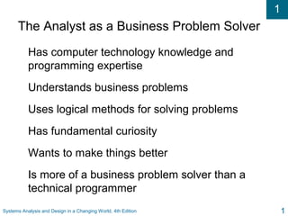 1
Systems Analysis and Design in a Changing World, 4th Edition 1
The Analyst as a Business Problem Solver
Has computer technology knowledge and
programming expertise
Understands business problems
Uses logical methods for solving problems
Has fundamental curiosity
Wants to make things better
Is more of a business problem solver than a
technical programmer
 