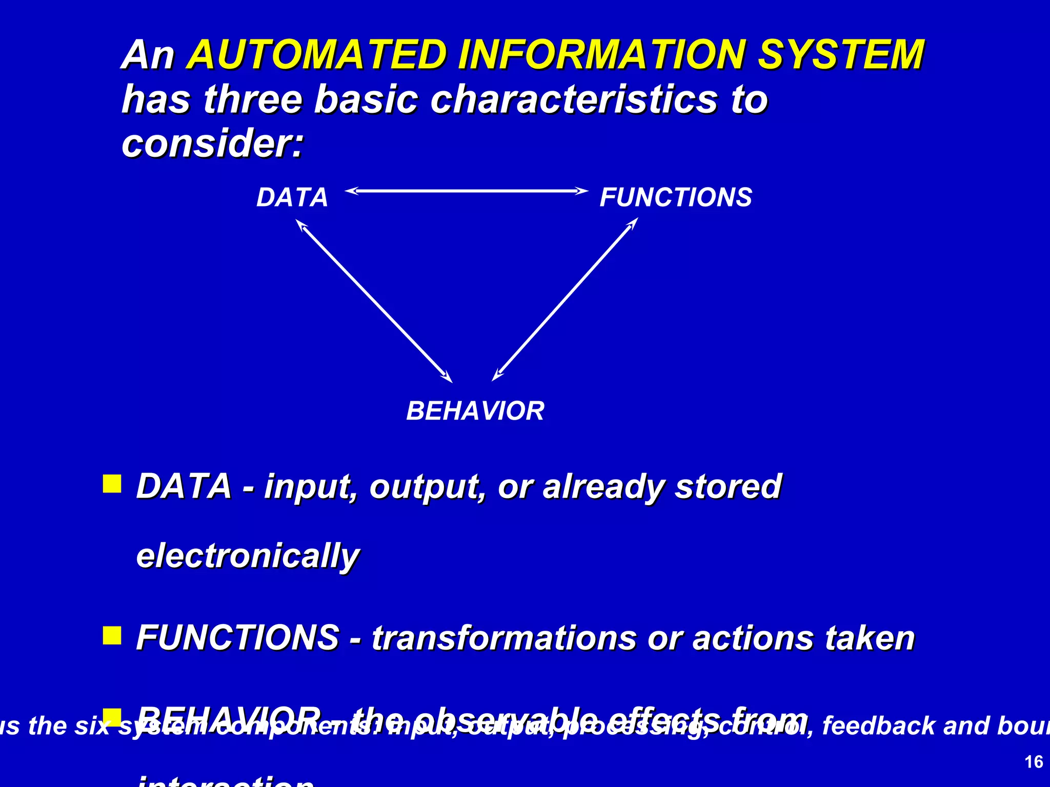 DATA - input, output, or already stored electronically FUNCTIONS - transformations or actions taken BEHAVIOR - the observable effects from interaction An  AUTOMATED INFORMATION SYSTEM  has three basic characteristics to consider: (Plus the six system components: input, output, processing, control, feedback and boundary) DATA FUNCTIONS BEHAVIOR 