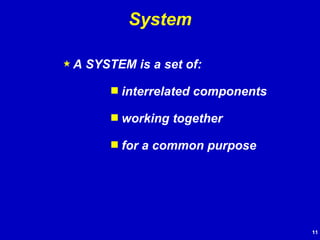 A SYSTEM is a set of: interrelated components working together for a common purpose System 