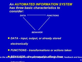 DATA - input, output, or already stored electronically FUNCTIONS - transformations or actions taken BEHAVIOR - the observable effects from interaction An  AUTOMATED INFORMATION SYSTEM  has three basic characteristics to consider: (Plus the six system components: input, output, processing, control, feedback and boundary) DATA FUNCTIONS BEHAVIOR 