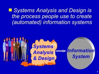 Systems Analysis and Design is the process people use to create (automated) information systems Systems Analysis & Design Information System 