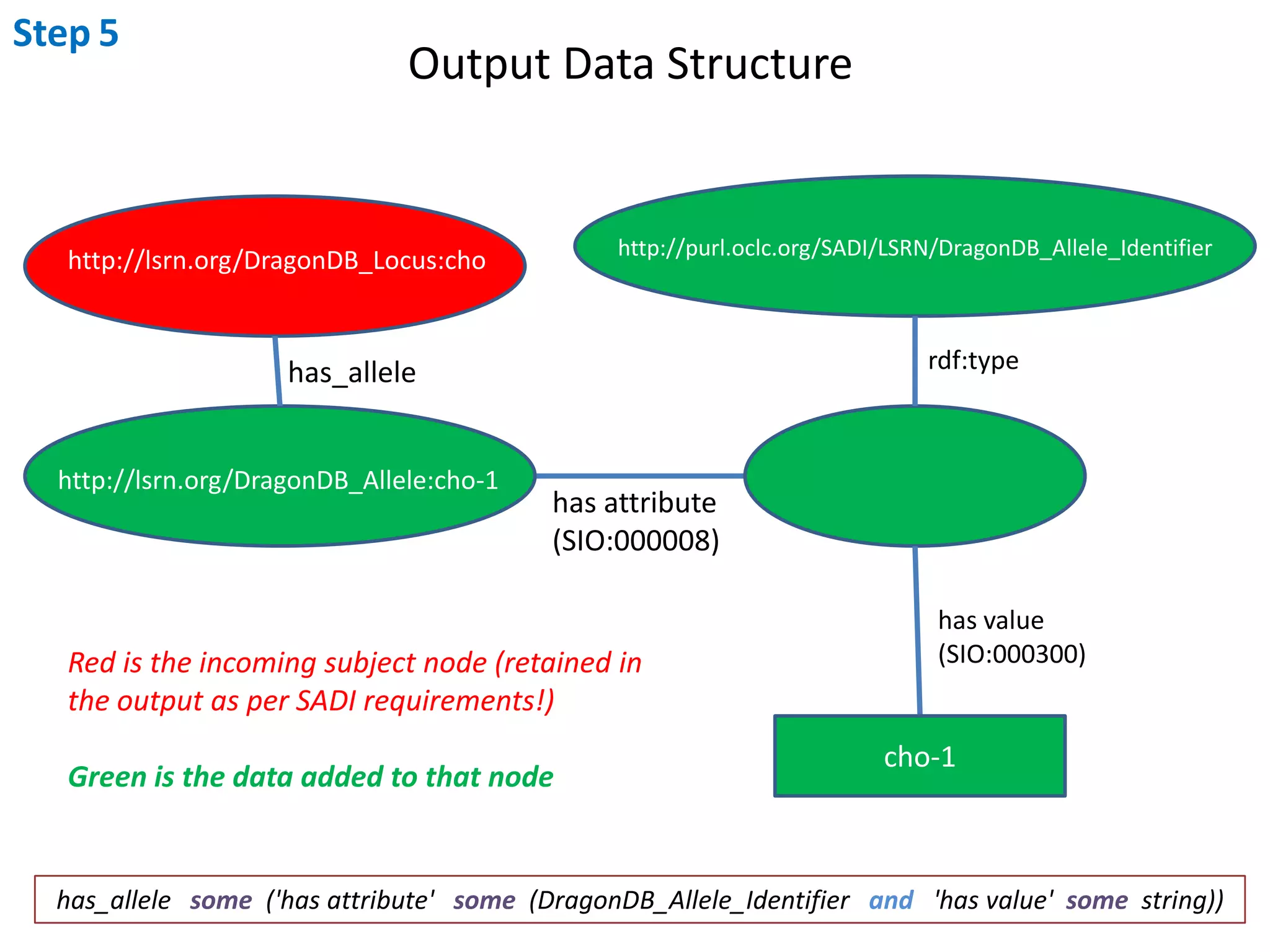 Step5Output Data Structurehttp://purl.oclc.org/SADI/LSRN/DragonDB_Allele_Identifierhttp://lsrn.org/DragonDB_Locus:chordf:typehas_allelehttp://lsrn.org/DragonDB_Allele:cho-1has attribute(SIO:000008)has value(SIO:000300)Red is the incoming subject node (retained in the output as per SADI requirements!)Green is the data added to that nodecho-1has_allele   some  ('has attribute'   some  (DragonDB_Allele_Identifierand   'has value'  some  string))
