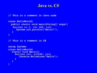Java vs. C#
// This is a comment in Java code
class HelloWorld{
public static void main(String[] args){
for(int i= 1; i<= 100; i++)
System.out.println("Hello!");
}
}
// This is a comment in C#
using System;
class HelloWorld{
static void Main(){
for(int i=1; i<=100; i++)
Console.WriteLine("Hello");
}
}
}

 
