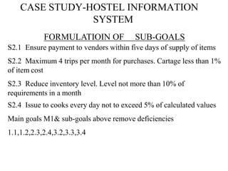 CASE STUDY-HOSTEL INFORMATION
SYSTEM
FORMULATIOIN OF SUB-GOALS
S2.1 Ensure payment to vendors within five days of supply of items
S2.2 Maximum 4 trips per month for purchases. Cartage less than 1%
of item cost
S2.3 Reduce inventory level. Level not more than 10% of
requirements in a month
S2.4 Issue to cooks every day not to exceed 5% of calculated values
Main goals M1& sub-goals above remove deficiencies
1.1,1.2,2.3,2.4,3.2,3.3,3.4
 