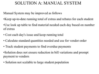 SOLUTION A: MANUAL SYSTEM
Manual System may be improved as follows
•Keep up-to-date running total of extras and rebates for each student
•Use look up table to find material needed each day based on number
of extras
• Cost each day's issue and keep running total
• Calculate standard quantities needed and use for vendor order
• Track student payments to find overdue payments
•Solution does not ensure reduction in bill variations and prompt
payment to vendors
• Solution not scalable to large student population
 