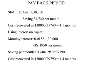 PAY BACK PERIOD
SIMPLE: Cost 1,30,000
Saving 31,740 per month
Cost recovered in 130000/31740 = 4.1 months
Using interest on capital:
Monthly interest=0.015* 1,30,000
=Rs 1950 per month
Saving per month=31740-1950=29790
Cost recovered in 130000/29790 = 4.4 months
 