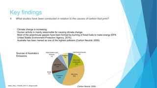 Key findings
4. What studies have been conducted in relation to the causes of carbon foot print?
• Climate change is increasing;
• Human activity is mainly responsible for causing climate change;
• Most of the greenhouse gasses have been formed by burning of fossil fuels to make energy (EPA
United States Environment Protection Agency, 2014);
• Australia has been named as one of the highest polluters (Carbon Neutral, 2009).
Sources of Australia’s
Emissions:
(Carbon Neutral, 2009)Sadler_Hilary_17430393_EDC171_Assignment2B
 