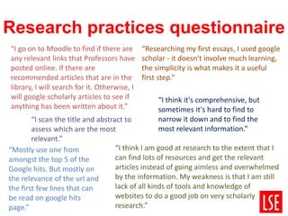 Research practices questionnaire 
“I go on to Moodle to find if there are 
any relevant links that Professors have 
posted...