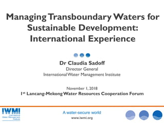 www.iwmi.org
A water-secure world
ManagingTransboundary Waters for
Sustainable Development:
International Experience
Dr Claudia Sadoff
Director General
InternationalWater Management Institute
November 1, 2018
1st Lancang-MekongWater Resources Cooperation Forum
 
