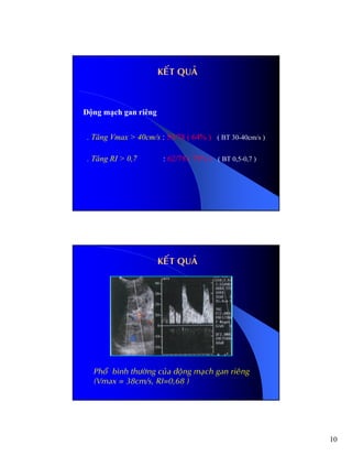10
KEÁT QUAÛ
Động mạch gan riêng
. Tăng Vmax > 40cm/s : 50/78 ( 64% ) ( BT 30-40cm/s )
. Tăng RI > 0,7 : 62/78 ( 79% ) ( BT 0,5-0,7 )
Phoå bình thöôøng cuûa ñoäng maïch gan rieâng
(Vmax = 38cm/s, RI=0,68 )
KEÁT QUAÛ
 