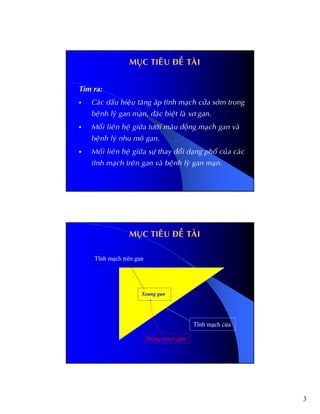 3
MUÏC TIEÂU ÑEÀ TAØI
Tìm ra:
Caùc daáu hieäu taêng aùp tónh maïch cöûa sôùm trong
beänh lyù gan maïn, ñaëc bieät laø xô gan.
Moái lieân heä giöõa töôùi maùu ñoäng maïch gan vaø
beänh lyù nhu moâ gan.
Moái lieân heä giöõa söï thay ñoåi daïng phoå cuûa caùc
tónh maïch treân gan vaø beänh lyù gan maïn.
Động mạch gan
Tĩnh mạch trên gan
Tĩnh mạch cửa
Xoang gan
MUÏC TIEÂU ÑEÀ TAØI
 