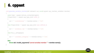 void generate_serialize_member(std::ostream& out, const cppast::cpp_member_variable& member)
{
auto& type = cppast::remove_cv(member.type());
if (type.kind() == cppast::cpp_type_kind::builtin_t)
{
out << " s.serialize(obj." << member.name() << ");n";
}
else if (type.kind() == cppast::cpp_type_kind::user_defined_t)
{
out << " serialize(s, obj." << member.name() << ");n";
}
else if (is_c_string(type))
{
out << " s.serialize_string(obj." << member.name() << ");n";
}
else
throw std::invalid_argument("cannot serialize member " + member.name());
}
CoreHard.
 