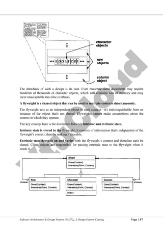 V
t
u
C
l
o
u
d
Maharaja Institute of Technology Mysore Department of Information Science & Engineering
Software Architecture & Design Pattern (15IS72), 3.Design Pattern Catalog Page | 87
The drawback of such a design is its cost. Even moderate-sized documents may require
hundreds of thousands of character objects, which will consume lots of memory and may
incur unacceptable run-time overhead.
A flyweight is a shared object that can be used in multiple contexts simultaneously.
The flyweight acts as an independent object in each context—it's indistinguishable from an
instance of the object that's not shared. Flyweights cannot make assumptions about the
context in which they operate.
The key concept here is the distinction between intrinsic and extrinsic state.
Intrinsic state is stored in the flyweight; it consists of information that's independent of the
flyweight's context, thereby making it sharable.
Extrinsic state depends on and varies with the flyweight‗s context and therefore can't be
shared. Client objects are responsible for passing extrinsic state to the flyweight when it
needs it.
 