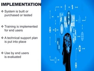 IMPLEMENTATION
 System is built or
purchased or tested
 Training is implemented
for end users
 A technical support plan
is put into place
 Use by end users
is evaluated
 