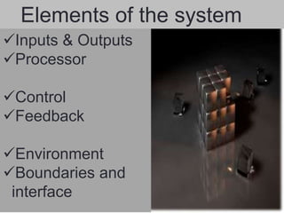 Elements of the system
Inputs & Outputs
Processor
Control
Feedback
Environment
Boundaries and
interface
 