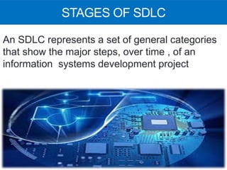 STAGES OF SDLC
An SDLC represents a set of general categories
that show the major steps, over time , of an
information systems development project
 