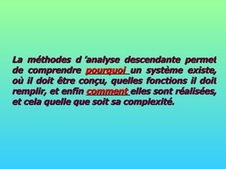 La méthodes d ’analyse descendante permet de comprendre  pourquoi  un système existe, où il doit être conçu, quelles fonctions il doit remplir, et enfin  comment  elles sont réalisées, et cela quelle que soit sa complexité. 