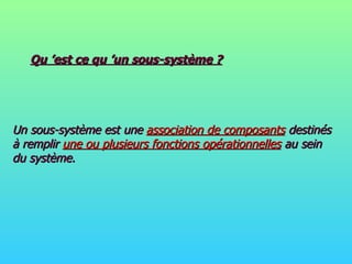 Qu ’est ce qu ’un sous-système ? Un sous-système est une  association de composants  destinés à remplir  une ou plusieurs fonctions opérationnelles  au sein du système. 