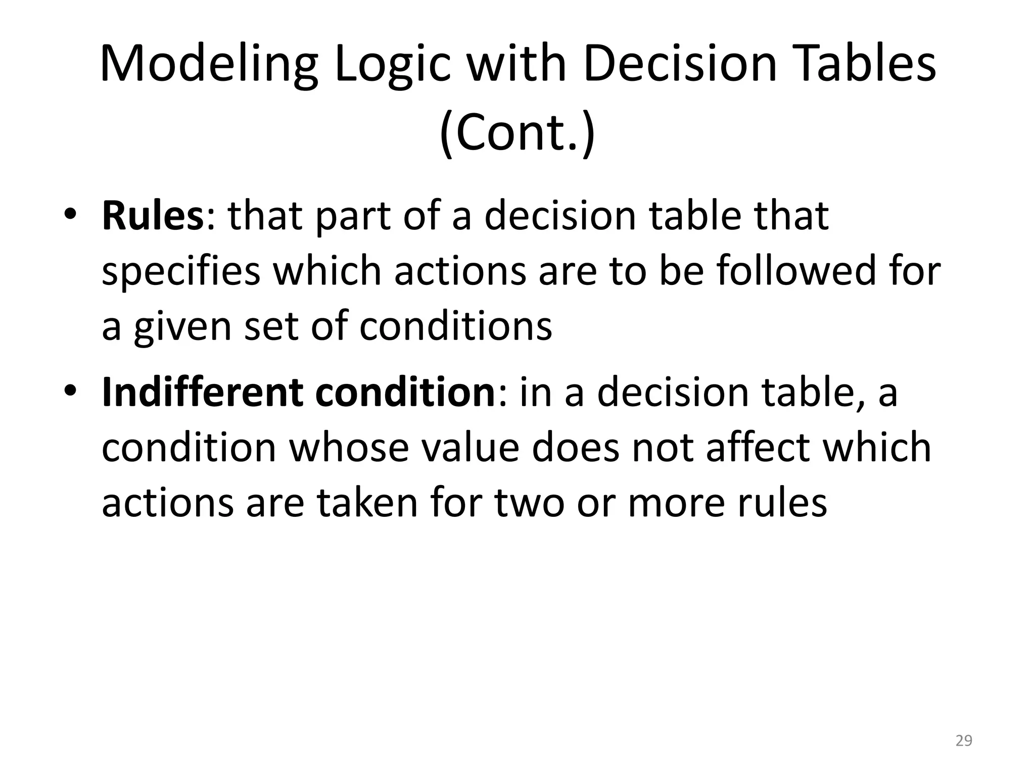 Modeling Logic with Decision Tables (Cont.)Rules: that part of a decision table that  specifies which actions are to be followed for a given set of conditionsIndifferent condition: in a decision table, a condition whose value does not affect which actions are taken for two or more rules29