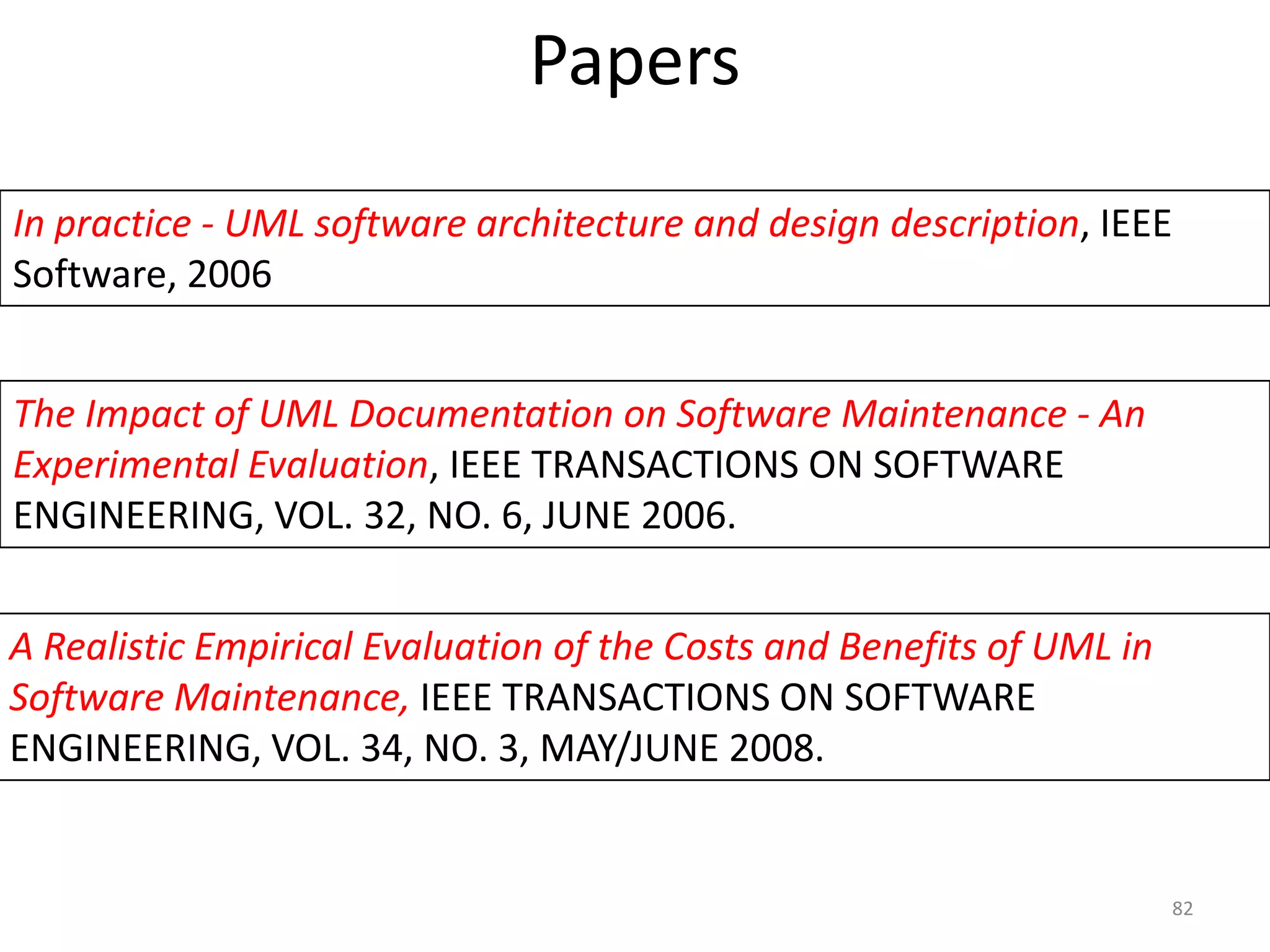 Papers 82In practice - UML software architecture and design description, IEEE Software, 2006The Impact of UML Documentation on Software Maintenance - An Experimental Evaluation, IEEE TRANSACTIONS ON SOFTWARE ENGINEERING, VOL. 32, NO. 6, JUNE 2006.A Realistic Empirical Evaluation of the Costs and Benefits of UML in Software Maintenance, IEEE TRANSACTIONS ON SOFTWARE ENGINEERING, VOL. 34, NO. 3, MAY/JUNE 2008.