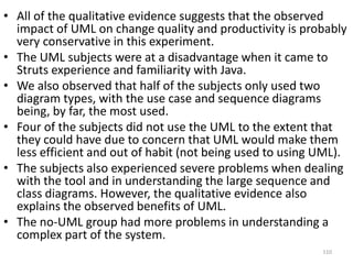 UML was always beneficial in terms of functional  correctness (introducing fewer faults into the sw).The subjects in the UML group had, on average, a practically and statistically significant 54% increase in the functional correctness of changes (p= 0.03)UML also helped produce code of better quality when the developers were not yet familiar with the system. A significant difference was found for Task 1, where the UML group’s design quality score was 56.2%  higher (p= 0.0025) though, across all the tasks, there was an insignificant % improvement in design quality  p = (0.22)109