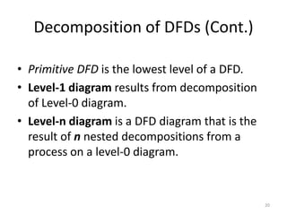 Decomposition of DFDs (Cont.)Primitive DFD is the lowest level of a DFD.Level-1 diagram results from decomposition of Level-0 diagram.Level-n diagram is a DFD diagram that is the result of n nested decompositions from a process on a level-0 diagram.20